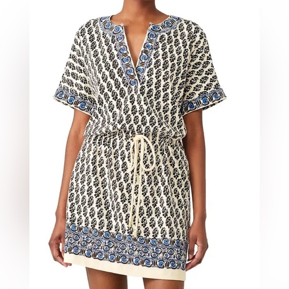 Tory Burch Amara Short Sleeve Graphic Print Cotton Dress Ivory Guru Medium - Picture 12 of 13